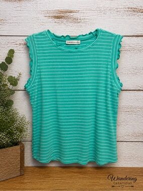 Zenana  Turquoise & White Striped Ruffle Trim Tank